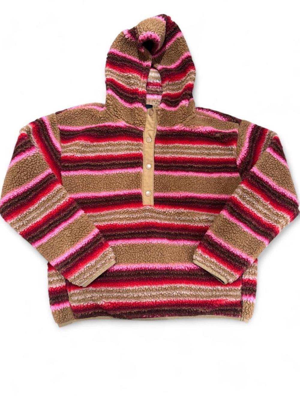 Eddie Bauer Brown Sherpa Hoodie with Pink and Red Stripes